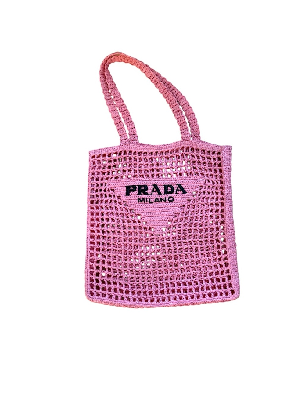 Prada Pink Crochet Raffia Tote Bag Milano Logo Beach Shopper